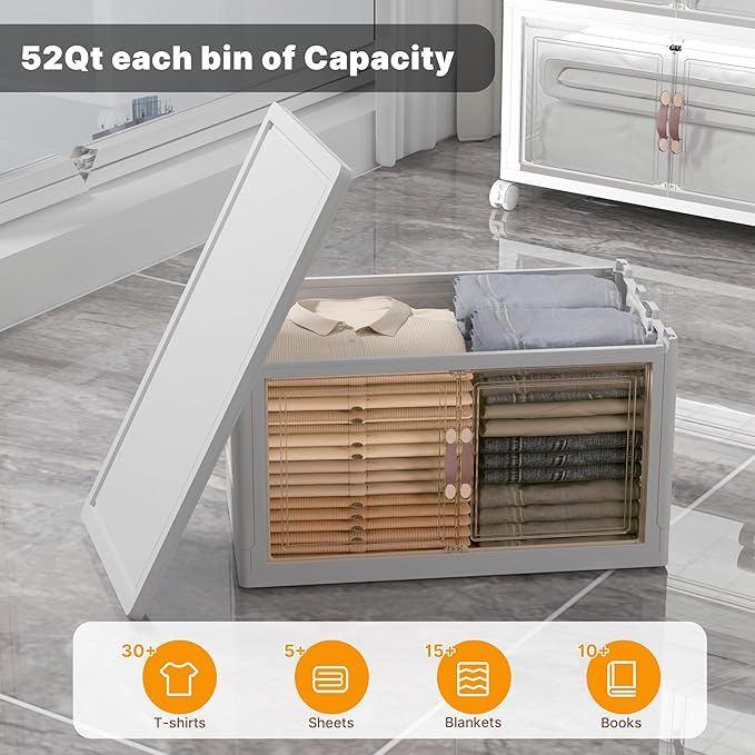 UAMFURI Extra Large Stackable Storage Bins with Lids & Wheels & Door, 312QT-52QT/13GAL*6Pack Foldable Collapsible Closet Organizers, Plastic containers Drawers for Bedroom Dorm