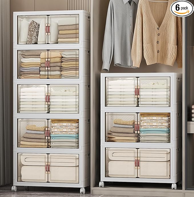 UAMFURI Extra Large Stackable Storage Bins with Lids & Wheels & Door, 896QT-112QT/28GAL*8Pack Foldable Collapsible Closet Organizers, Plastic containers drawers for bedroom Dorm