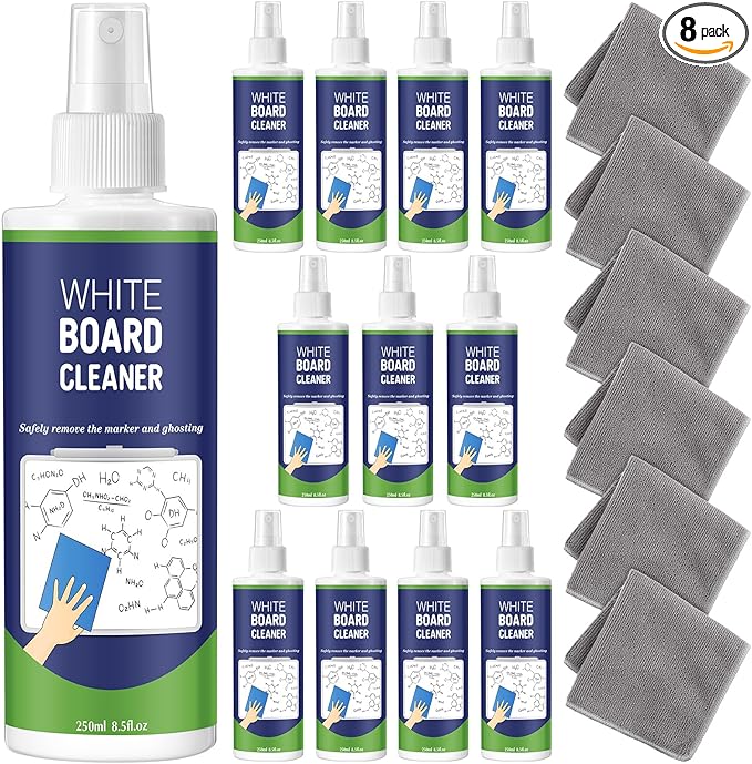 Dansib 8 Pack Whiteboard Cleaner Spray 8.5oz Dry Erase Board Cleaner with 6 Cloths Non Toxic Dry Erase Cleaner Removes Stubborn Marks from Whiteboards