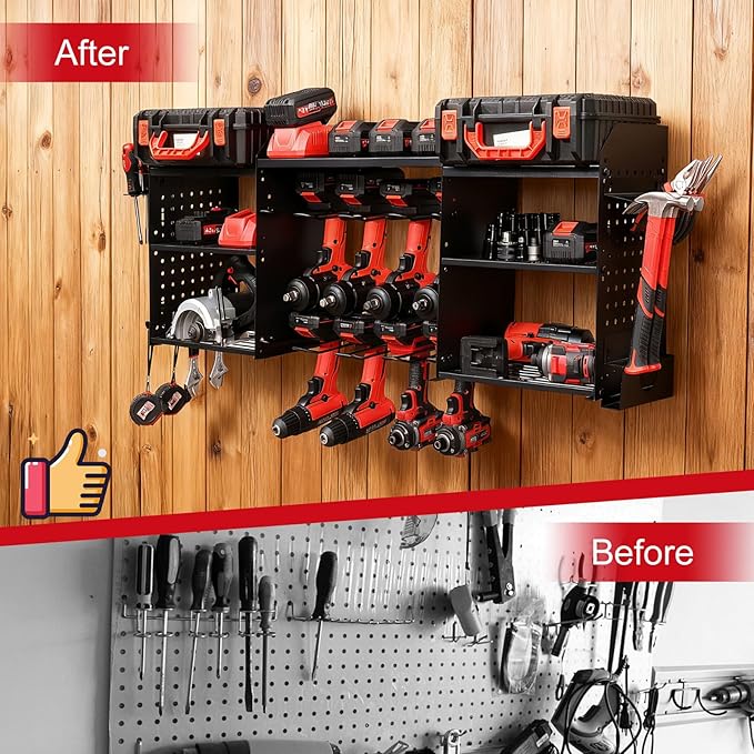ERVNYNT 3 layers power tool organizer Loads 150lbs with 8 Cordless Drill Holder and 8 Outlet Power Strip,it’s good choice for husband birthday gift,black