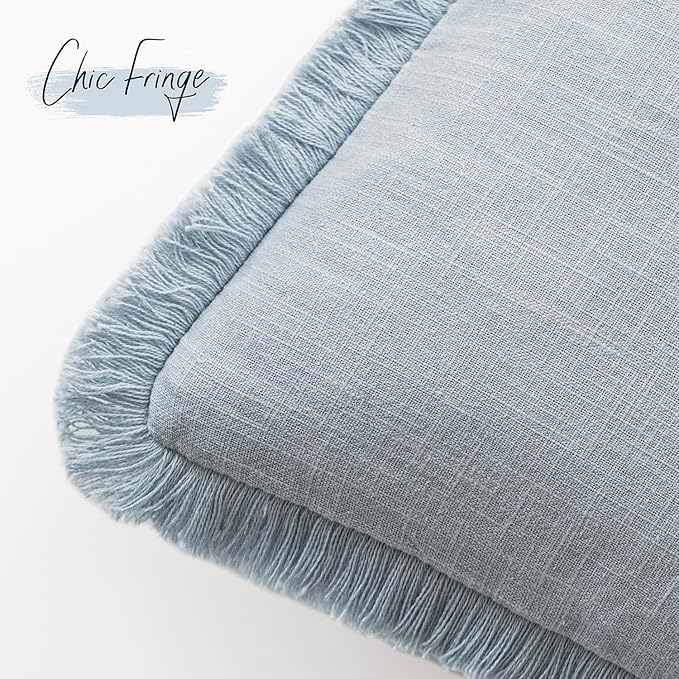 Foindtower Set of 2 Decorative Linen Fringe Lumbar Throw Pillow Covers Boho Farmhouse Cushion Cover with Tassels Soft Accent Pillowcase for Couch Sofa Bed Living Room Home Decor,12×24 Inch,Sky Blue