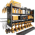 VDEVY Power Tool Organizer Wall Mount with Charging Station, Heavy-Duty Metal Garage Tool Storage Rack & 8 Outlet Power Strip, 33 Inch Long 4 Tier Shelves for Workshop Organization
