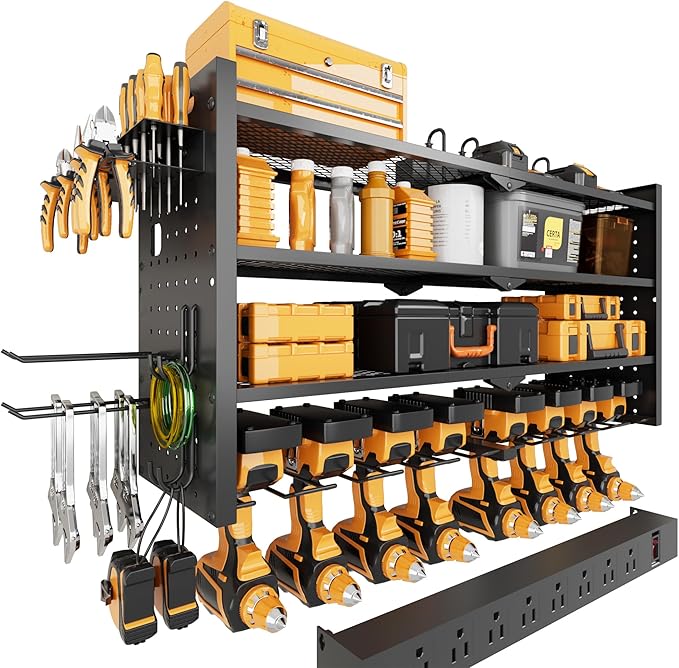 VDEVY Power Tool Organizer Wall Mount with Charging Station, Heavy-Duty Metal Garage Tool Storage Rack & 8 Outlet Power Strip, 33 Inch Long 4 Tier Shelves for Workshop Organization