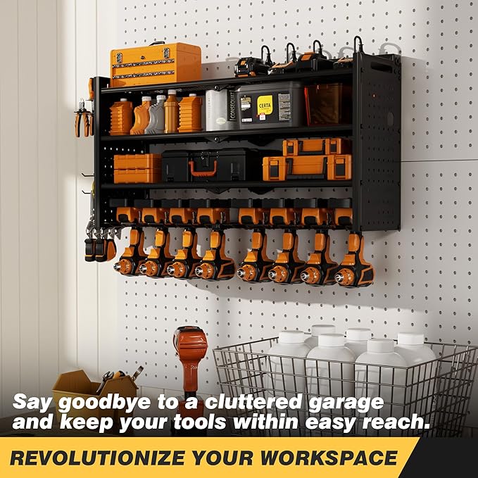 VDEVY Power Tool Organizer Wall Mount with Charging Station, Heavy-Duty Metal Garage Tool Storage Rack & 8 Outlet Power Strip, 33 Inch Long 4 Tier Shelves for Workshop Organization