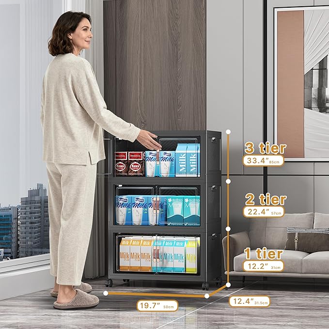 UAMFURI Extra Large Stackable Storage Bins with Lids & Wheels & Door, 156QT-52QT/13GAL*3Pack Foldable Collapsible Closet Organizers, Plastic containers drawers for bedroom Dorm