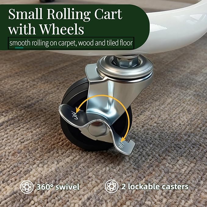 LiWNYRK 2 Tier Under Desk Storage Cart with Wheels Heavy Duty Metal Short Rolling Pantry Storage Cart for Small Space, Utility Trolley for Kitchen Bathroom Laundry Cute Snack Craft Organizer, White