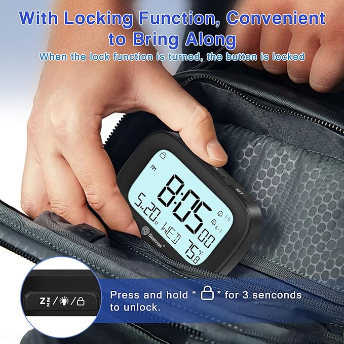 Geevon Small Travel Alarm Clock, Digital Alarm Clocks for Bedrooms Home Office, Battery Operated Desk Clock with 3 Inch Large Display, 2 Alarms, 5s Backlight, Snooze, Indoor Temperature, Black