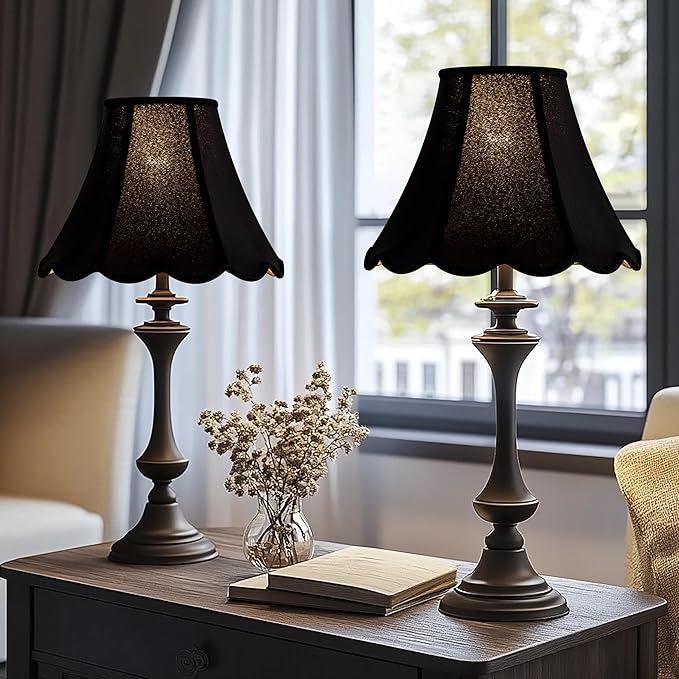 GOSO Black Scalloped Lamp Shades Set of 2 Medium Replac, Braids with Petal Edges,6×13×9.8 Inch Spider Lamp Shade for Table Lamp and Floor Lamps Easy Assembly, Modern Faux Silk Shades for Living Room