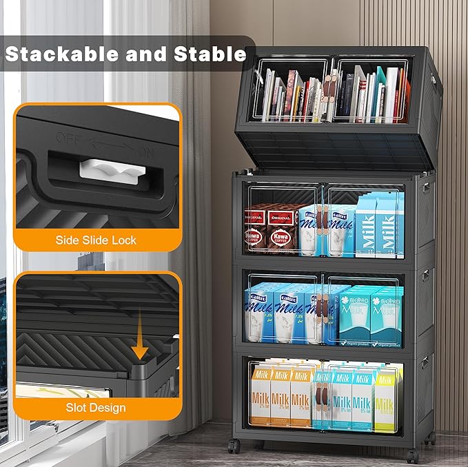 UAMFURI Extra Large Stackable Storage Bins with Lids & Wheels & Door, 416QT-52QT/13GAL*8Pack Foldable Collapsible Closet Organizers, Plastic containers drawers for bedroom Dorm