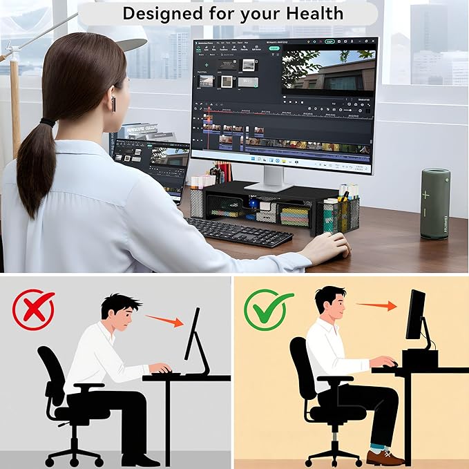 Qupui Computer Monitor Stand Riser with Drawer and Pen Holders, Desk Organizer Shelf and Accessories, Office Desk Accessories, Office Organization, Black