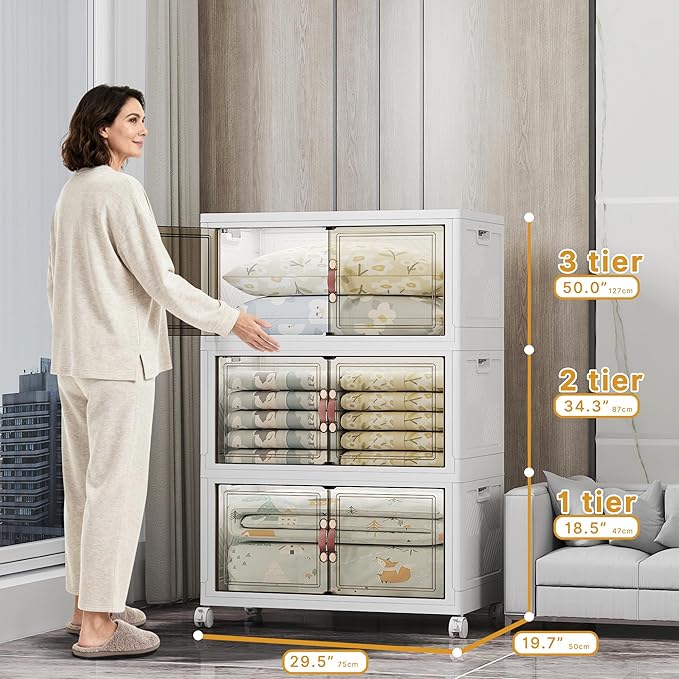 UAMFURI Extra Large Stackable Storage Bins with Lids & Wheels & Door, 672QT-112QT/28GAL*6Pack Foldable Collapsible Closet Organizers, Plastic containers drawers for bedroom Dorm