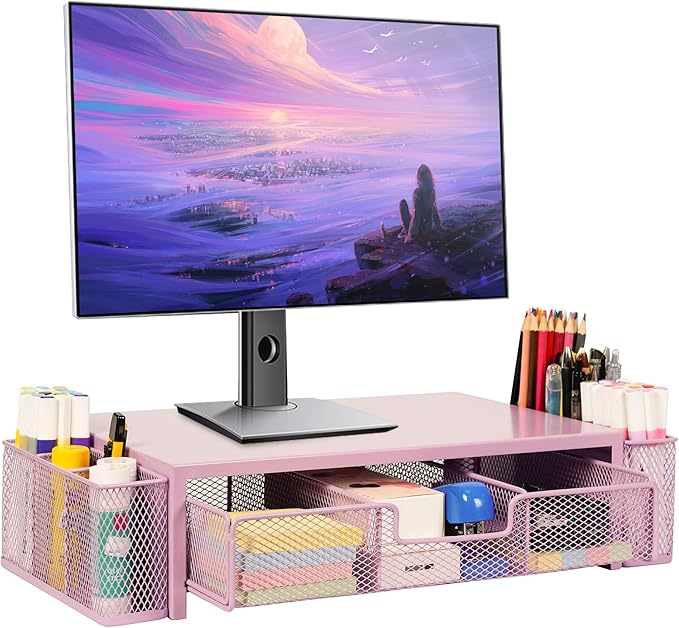 Qupui Computer Monitor Stand Riser with Drawer and Pen Holders, Desk Organizer Shelf and Accessories, Office Desk Accessories, Office Organization, Pink