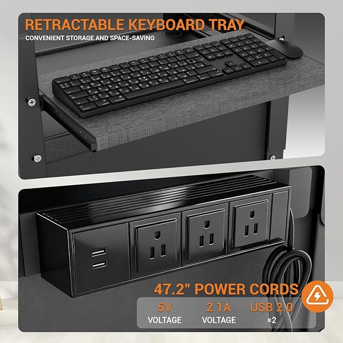 Mobile AV Cart with Cabinet, Rolling Computer Cart Height Adjustable Rolling Media Utility Cart with Extra Storage Space, 4 Outlets, Pullout Keyboard Tray Perfect for Home or Office Use