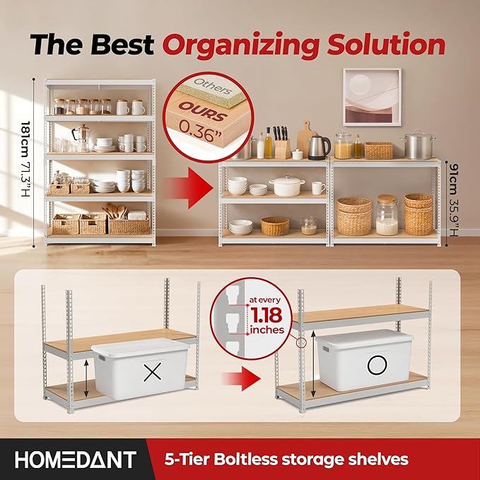 HOMEDANT 5 Tier Storage Shelves Adjustable Laminated Boltless Garage Metal Shelving Unit Heavy Duty Utility Rack Shelf Warehouse Pantry Closet Kitchen (2, (XL Deep) 48.1" W, White)