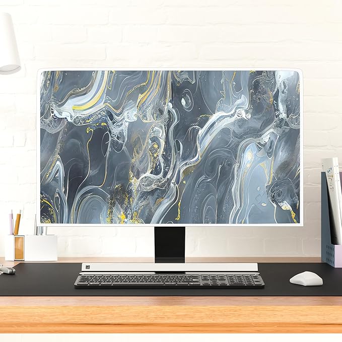 Baocicco Gray Gold Marble Waterproof 26, 27, 28 Inch Anti-Static Dustproof LCD/LED/HD Aesthetic Texture Computer Screen Cover Decor Full Body Cover for Computer Screen Desktop PC Tower Protector