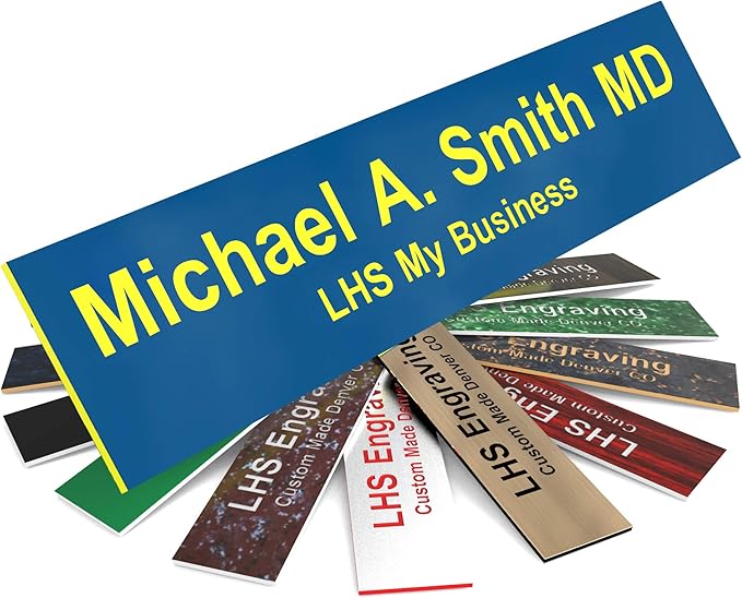 Engraved Door Signs for Office Personalized Blue Plastic Door Plaque with Yellow Letters - Made in USA 2x6 B20