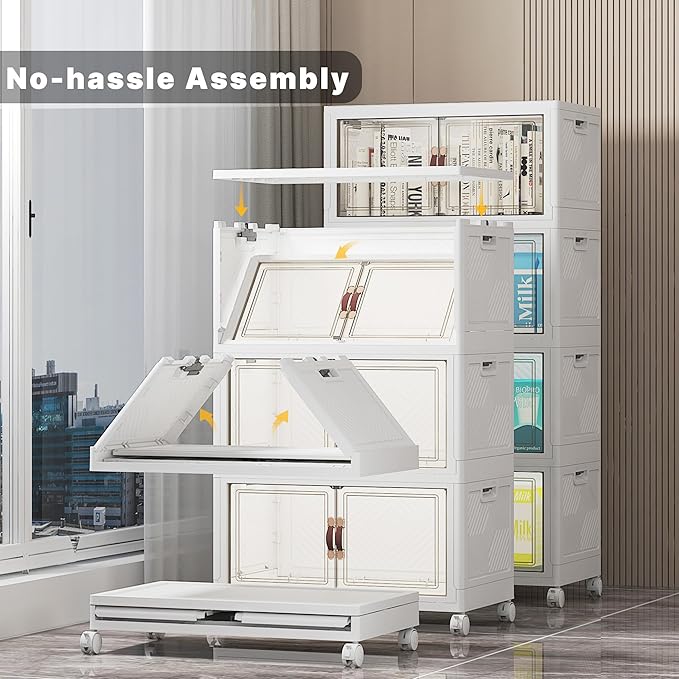 UAMFURI Extra Large Stackable Storage Bins with Lids & Wheels & Door, 416QT-52QT/13GAL*8Pack Foldable Collapsible Closet Organizers, Plastic containers drawers for bedroom Dorm