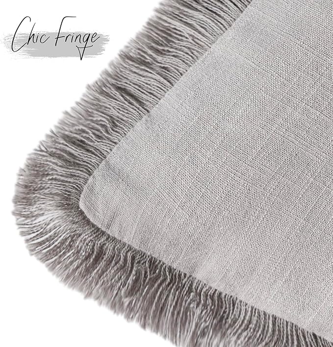 Foindtower Set of 2 Decorative Linen Fringe Throw Pillow Covers Cozy Farmhouse Cushion Cover with Tassels Accent Pillowcase for Couch Chair Sofa Bed Living Room Home Decor,22×22 Inch,Light Rustic Gray