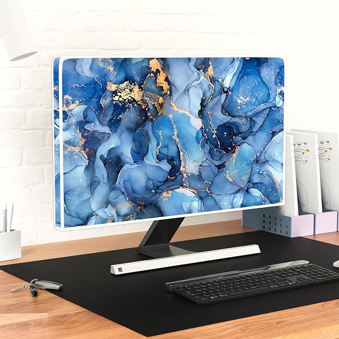 Baocicco Navy Blue Gold Marble Computer Monitor Dust Cover Creative Texture Grain Computer Screen Cover Panel Case Computer Screen Protective LCD/LED/HD 26, 27, 28 Inch Modern HD Monitor Decors