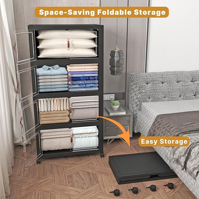 UAMFURI Extra Large Stackable Storage Bins with Lids & Wheels & Door, 1280QT-160QT/40GAL*8Pack Foldable Collapsible Closet Organizers, Plastic containers drawers for bedroom Dorm