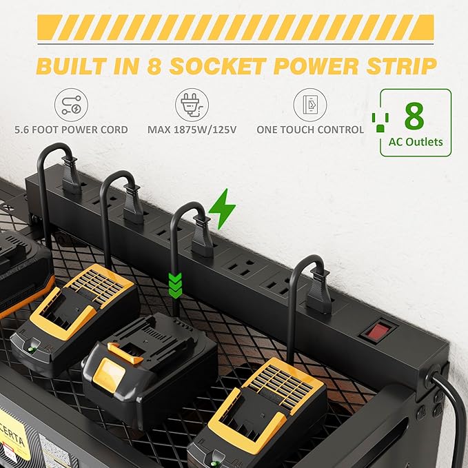 VDEVY Power Tool Organizer Wall Mount with Charging Station, Heavy-Duty Metal Garage Tool Storage Rack & 8 Outlet Power Strip, 33 Inch Long 4 Tier Shelves for Workshop Organization