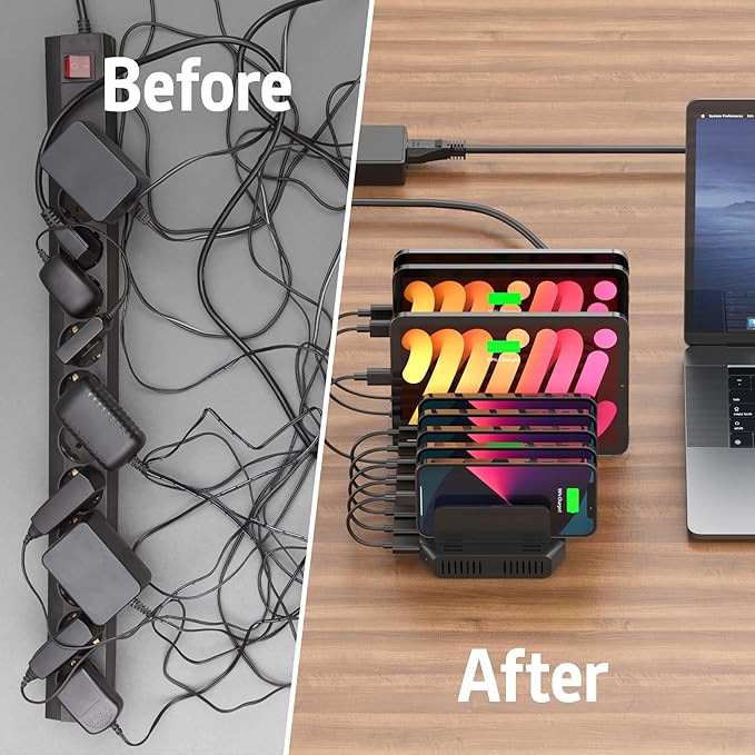 Alxum USB Fast Charging Station with Quick Charge 3.0, 10 Port Charging Stand for Multiple Devices, Compatible with iPad, iPhone, Samsung Galaxy, Black
