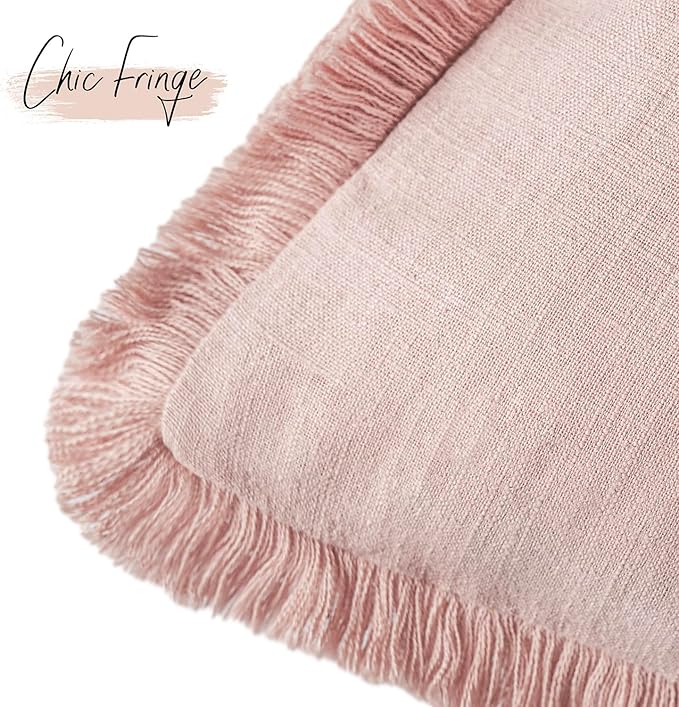 Foindtower Set of 2 Decorative Linen Fringe Throw Pillow Covers Boho Farmhouse Cushion Cover with Tassels Soft Accent Pillowcase for Couch Chair Sofa Bed Living Room Home Decor,24×24 Inch,Light Pink