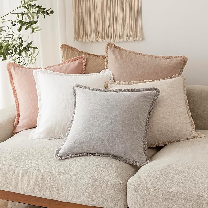 Foindtower Set of 2 Decorative Linen Fringe Throw Pillow Covers Boho Farmhouse Cushion Cover with Tassels Soft Accent Pillowcase for Couch Chair Sofa Bed Living Room Home Decor,24×24 Inch,Light Pink