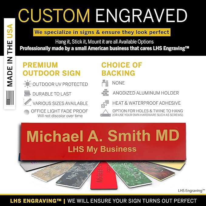 Personalized Name Plate with Choice of Mounting Holders for Walls, Doors, Cubicles, Hanging and More - Custom Red Plastic Gold Letters - USA Made 2x6 B17