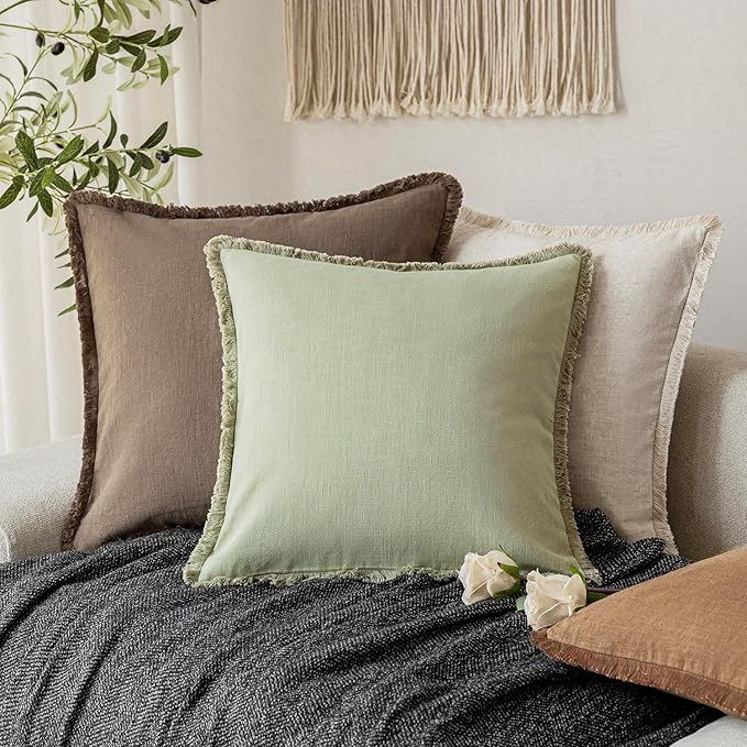 Foindtower Set of 2 Decorative Fringe Throw Pillow Covers Boho Farmhouse Cushion Cover with Tassels Soft Accent Pillowcase for Couch Sofa Bed Living Room Home Decor,20×20 Inch,Light Sage Green