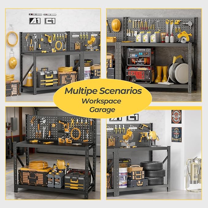 PLMFJQK 3 Sets Storage Shelves with Pegboard,Heavy Duty Garage Shelving Units and Storage,Metal Shelving Adjustable Shelves,Garage Storage Rack,Industrial Utility Shelf 47.2" H*47.09" W*19" D