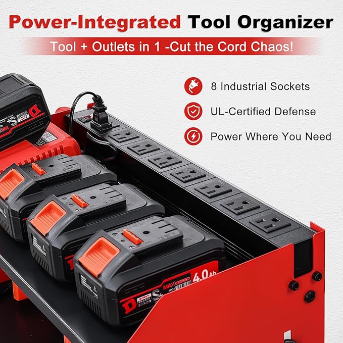 Power Tool Organizer Wall Mount with Charging Station, Heavy Duty 3 Layer Garage Tool Storage with 4 Cordless Drill Holder and 8 Outlet Power Strip, Gift for Men Husband Dad Birthday Anniversary red