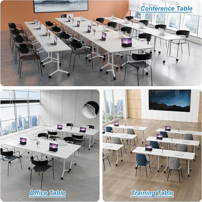 Conference Table Flip Top Mobile Conference Room Tables,Folding Conference Table with Wheels,Large Meeting Training Seminar Table Saving Space for Office Classroom (10, White, 61'')