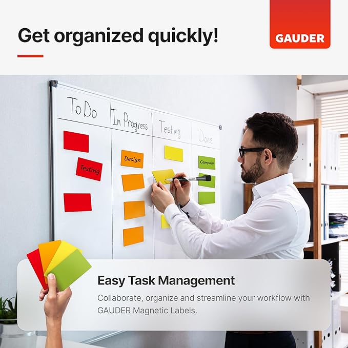 GAUDER Magnetic Labels Writable - Reusable Magnet Tags for Whiteboard, Chalkboard, Kanban Board and Refrigerator - Magnet Cards with Marker (30 Pack - 3 Sizes)