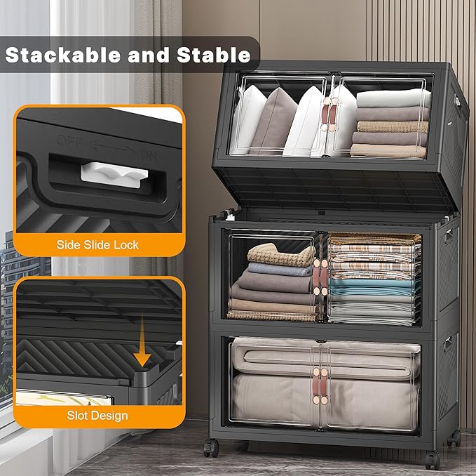 UAMFURI Extra Large Stackable Storage Bins with Lids & Wheels & Door, 672QT-112QT/28GAL*6Pack Foldable Collapsible Closet Organizers, Plastic containers drawers for bedroom Dorm