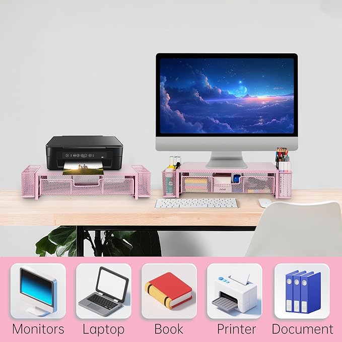Qupui Computer Monitor Stand Riser with Drawer and Pen Holders, Desk Organizer Shelf and Accessories, Office Desk Accessories, Office Organization, Pink