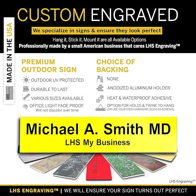 Personalized Name Plate with Choice of Mounting Holders for Walls, Doors, Cubicles, Hanging and More - Custom Yellow Plastic Black Letters - USA Made 2x6 - B4