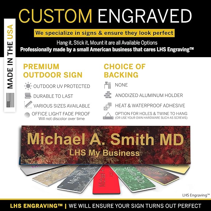 Custom Name Plate with Choice of Mounting for Walls, Doors, Cubicles, Hanging and More - Personalized Rustico Granite Plastic Gold Letters - USA Made 2x10 - S7
