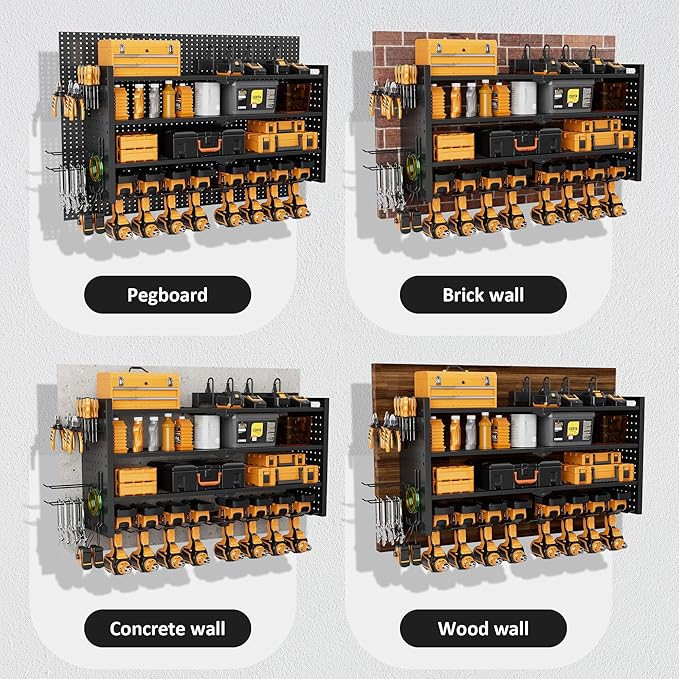 VDEVY Power Tool Organizer Wall Mount with Charging Station, Heavy-Duty Metal Garage Tool Storage Rack & 8 Outlet Power Strip, 33 Inch Long 4 Tier Shelves for Workshop Organization