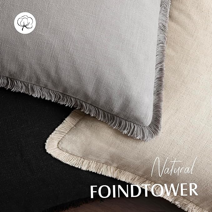 Foindtower Set of 2 Decorative Linen Fringe Throw Pillow Covers Cozy Farmhouse Cushion Cover with Tassels Accent Pillowcase for Couch Chair Sofa Bed Living Room Home Decor,22×22 Inch,Light Rustic Gray