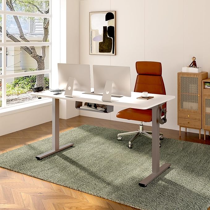 FLEXISPOT EN2 Whole-Piece Standing Desk with Clamp Power Strip, 60 x 24 Electric Stand Up Height Adjustable Desk with Cable Management (Gray Frame + 60" White Top, 2 Packages)
