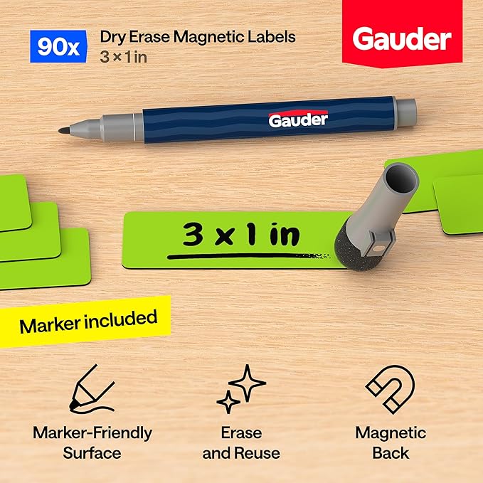 GAUDER Magnetic Labels Writable - Reusable Magnet Tags for Whiteboard, Chalkboard, Kanban Board and Refrigerator - Magnet Cards with Marker (90 Pack - 3 x 1 Inches)
