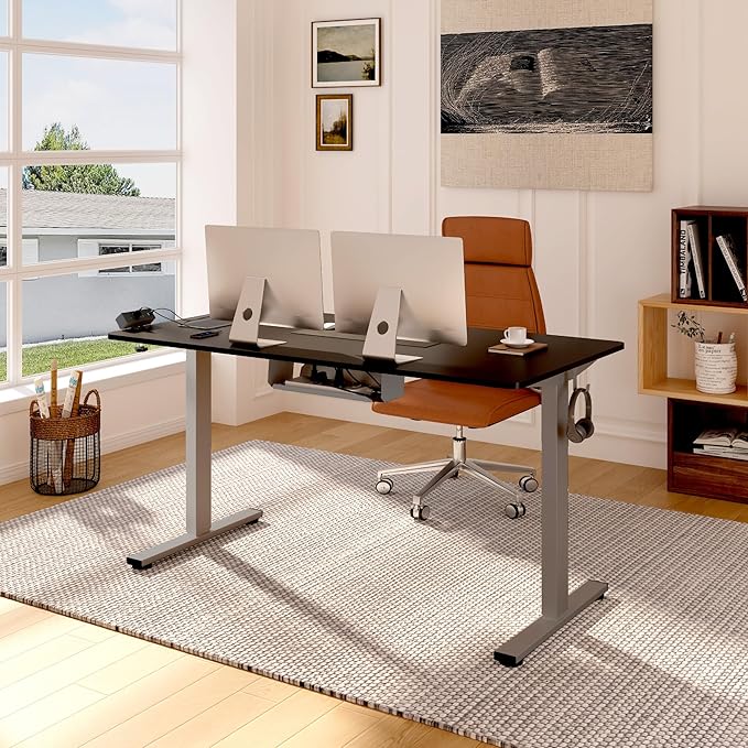 FLEXISPOT EN2 Whole-Piece Standing Desk with Clamp Power Strip, 48 x 30 Electric Stand Up Height Adjustable Desk with Cable Management (Gray Frame + 48" Black Top, 2 Packages)