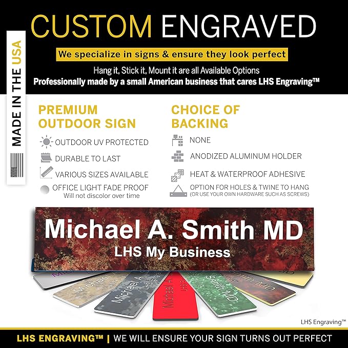 Personalized Name Plate with Choice of Mounting Holders for Walls, Doors, Cubicles, Hanging and More - Custom Gloss Rustico Granite Plastic White Letters - USA Made 2x10 - S2