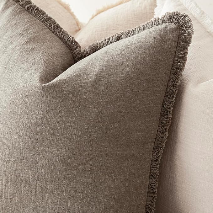 Foindtower Set of 2 Decorative Linen Fringe Lumbar Throw Pillow Covers Boho Farmhouse Cushion Cover with Tassels Soft Accent Pillowcase for Couch Sofa Bed Living Room Home Decor,12×24 Inch,Brown Tan