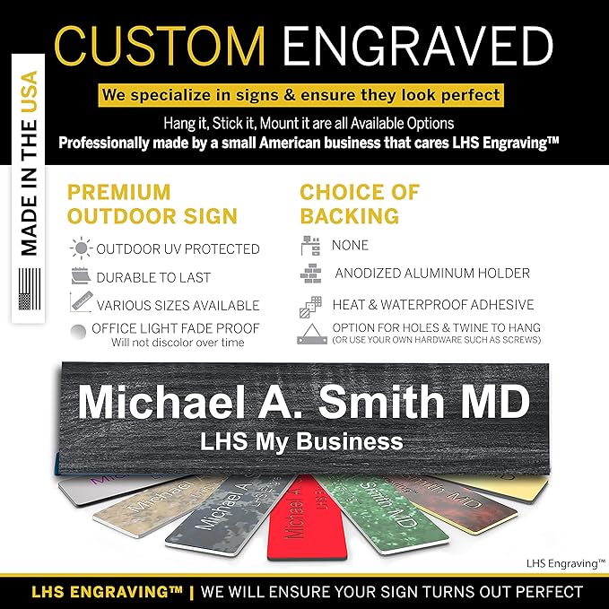 Custom Name Plate with Choice of Mounting for Walls, Doors, Desk Holders, Cubicles, Hanging and More - Personalized Carbon Ash Plastic White Letters - USA Made 2x8 - N1