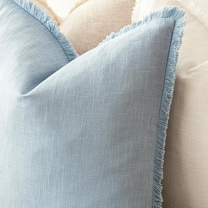 Foindtower Set of 2 Decorative Linen Fringe Lumbar Throw Pillow Covers Boho Farmhouse Cushion Cover with Tassels Soft Accent Pillowcase for Couch Sofa Bed Living Room Home Decor,12×24 Inch,Sky Blue