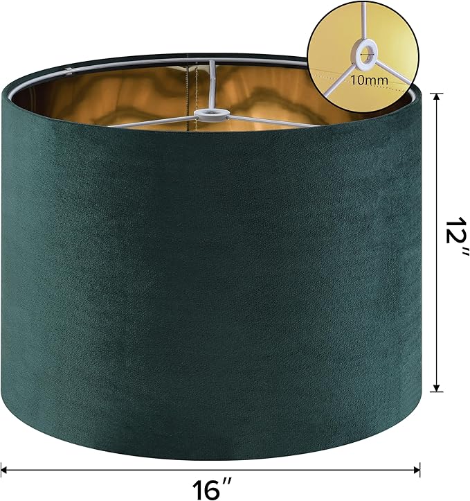 Green Velvet Lampshades Set of 2 Large Drum Lamp Shade 16" Top x 16" Bottom x 12" High (Spider) Modern Lamp Shade - Ideal for Table & Floor Lamps - Lampshades Replacement - By GO&SO