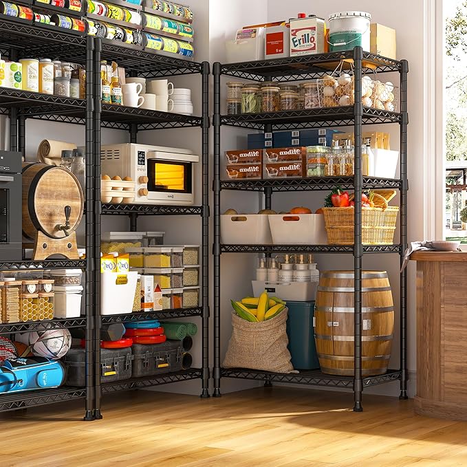 REIBII 1000LBS Wire Shelving Unit, 5 Tier Adjustable Metal Storage Shelves for Kitchen Pantry Office Steel Organizer Wire Rack for Narrow Space, 13.4" D x 23.2" W x 60" H, Black,2PCS