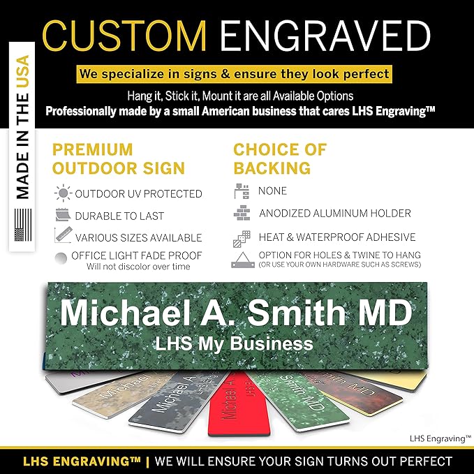 Personalized Name Plate with Choice of Mounting for Walls, Doors, Desk Holders, Cubicles, Hanging and More - Custom Verde Green Marble Plastic White Letters - USA Made 2x8 - S4